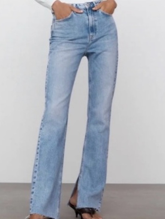 Zara Denim - Zara Light Blue High-Rise Flare Jeans with Side Slit & Distressed Raw Hem Size 4
